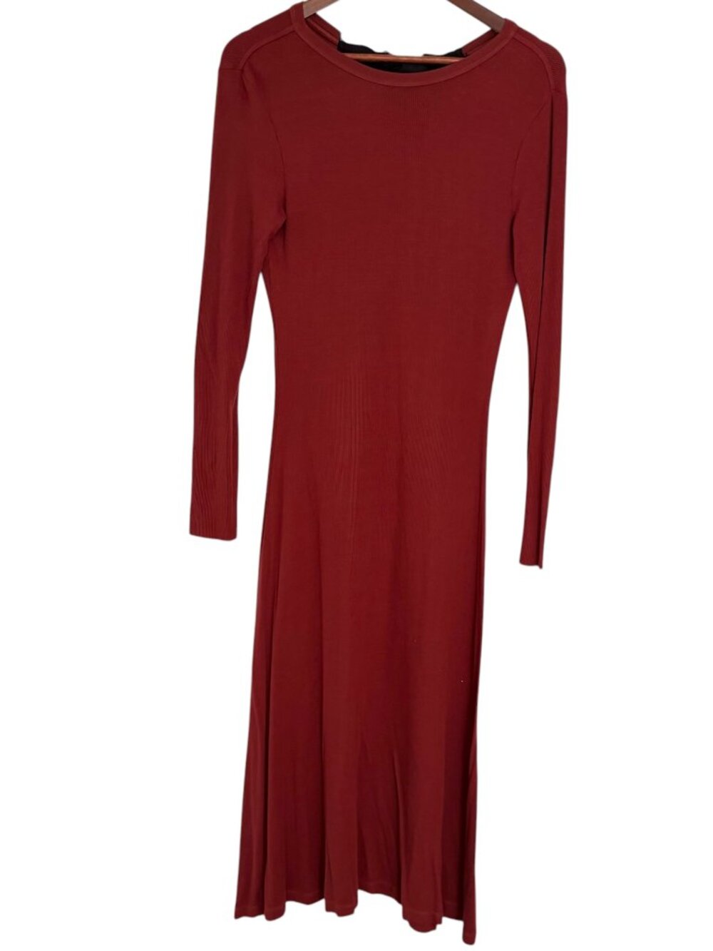 Enza Costa A Line Maxi Dress Medium M Rust Orange Ribbed Tie Back Long Sleeves